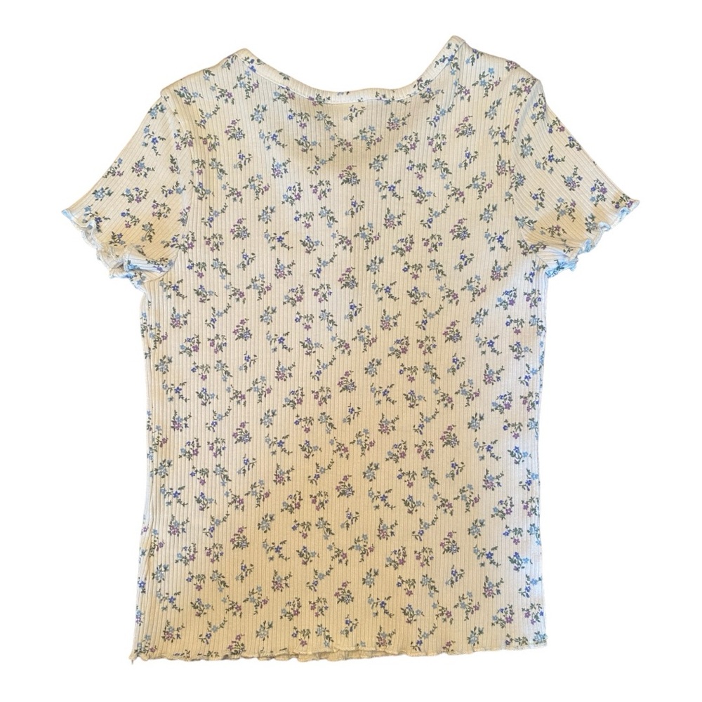Girls art class top white background with blue purple & green flowers sz L 10-12 - Picture 2 of 4